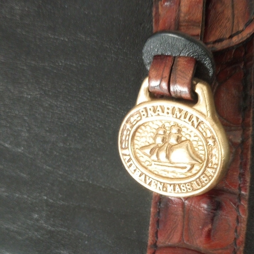 Brahmin Rich Brown Leather Bag with Gold Emblem